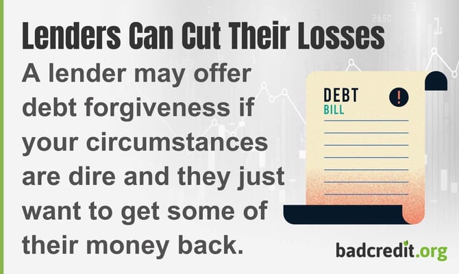 A lender may offer debt forgiveness if your circumstances are dire and they just want to get some of their money back A lender may offer debt forgiveness if your circumstances are dire and they just want to get some of their money back