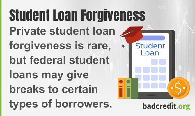 Private student loan forgiveness is rare, but federal student loans may give breaks to certain types of borrowers Private student loan forgiveness is rare, but federal student loans may give breaks to certain types of borrowers