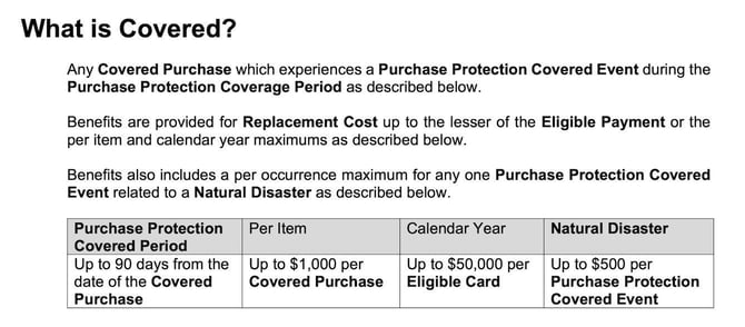 Screenshot of covered purchases from American Express purchase protection benefits guide Screenshot of covered purchases from American Express purchase protection benefits guide
