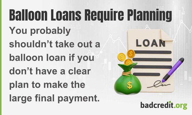 You probably should not take out a balloon loan if you do not have a clear plan to make the large final payment You probably should not take out a balloon loan if you do not have a clear plan to make the large final payment
