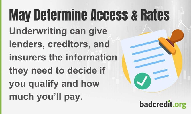 Underwriting can give lenders, creditors, and insurers the information they need to decide if you qualify and how much you pay Underwriting can give lenders, creditors, and insurers the information they need to decide if you qualify and how much you pay