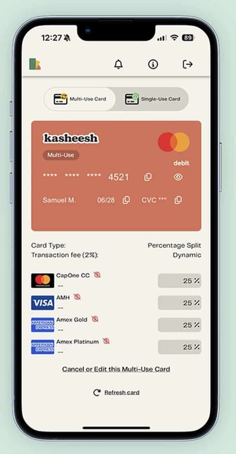 Kasheesh mobile interface showing multiple cards