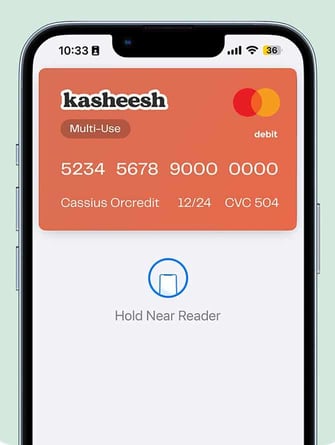 Kasheesh mobile interface showing tap-to-pay functionality