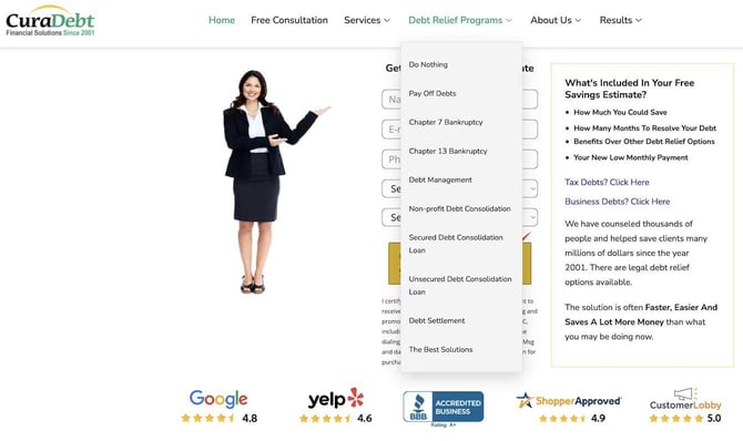 Screenshot of CuraDebt educational and support resources