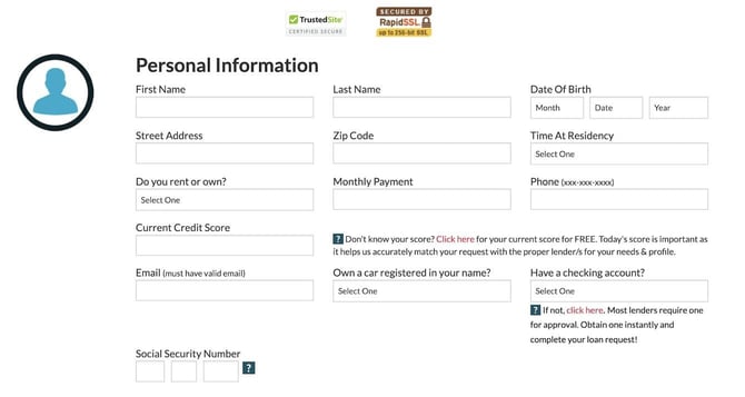 Screenshot of 24/7 Lending Group personal information section of the loan request form Screenshot of 24/7 Lending Group personal information section of the loan request form