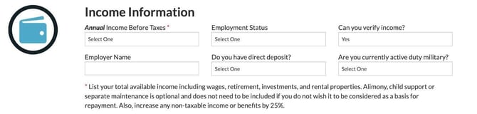 Screenshot of 24/7 Lending Group income information section of the loan request form Screenshot of 24/7 Lending Group income information section of the loan request form