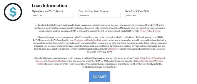 Screenshot of 24/7 Lending Group loan information section of the loan request form Screenshot of 24/7 Lending Group loan information section of the loan request form