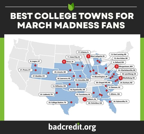 Static Map of top 30 cities for March Madness