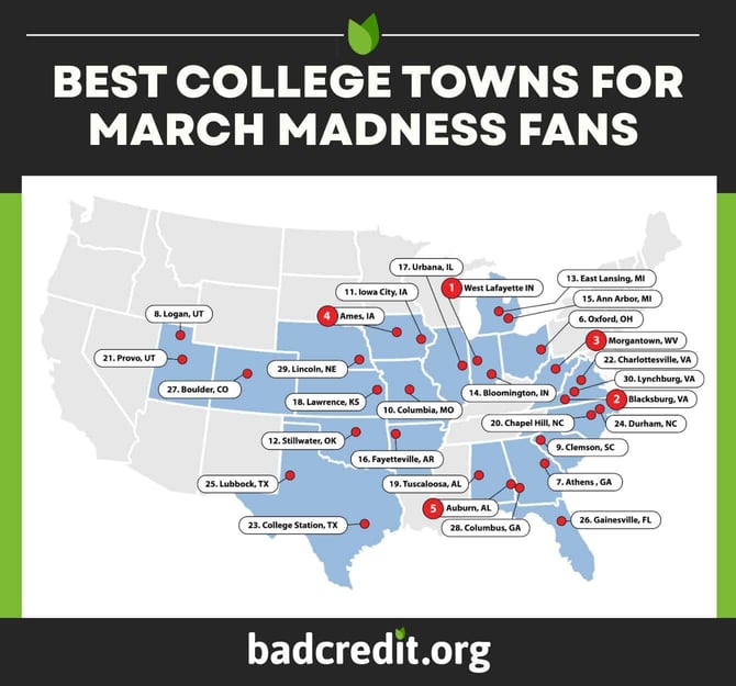 Static Map of top 30 cities for March Madness
