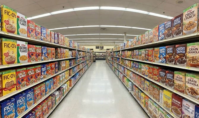 AI-generated image of a cereal aisle with credit-related cereal names
