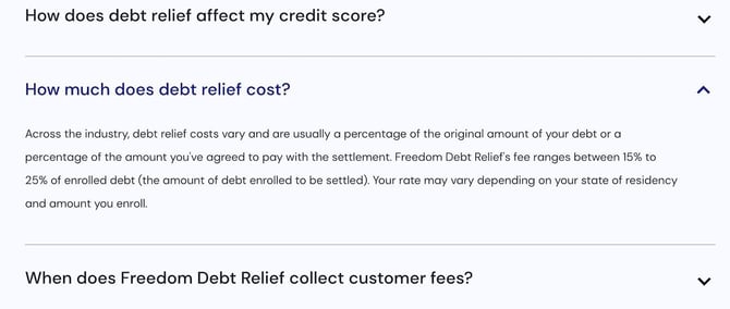 Screenshot of how much debt relief costs from Freedom Debt Relief FAQ section