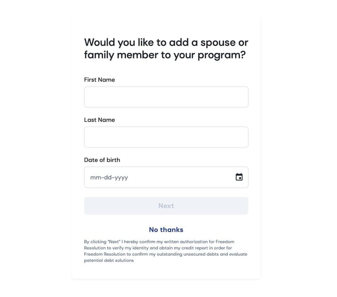 Screenshot of Freedom Debt Relief application option to add spouse or family member to program
