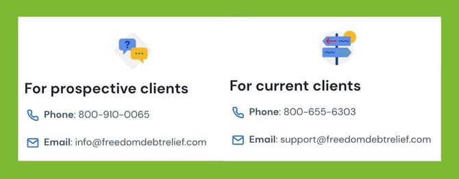 Screenshot of Freedom Debt Relief contact info for current and prospective clients