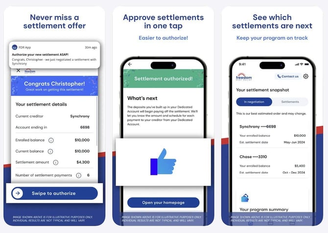 Screenshots of the Freedom Debt Relief App from the Apple App Store