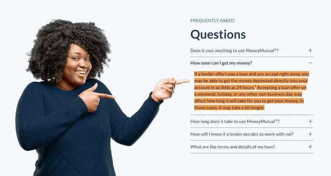 Screenshot that shows how fast borrowers can get their money from a MoneyMutual network lender