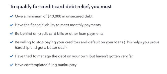 National Debt Relief credit card debt relief guidelines screenshot