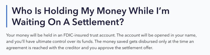 Screenshot of National Debt Relief FAQ about holding your money in an account