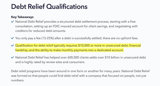 Screenshot of National Debt Relief Qualifications