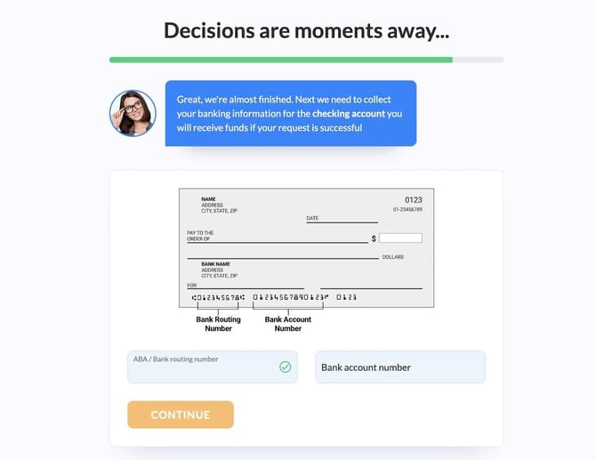 Screenshot of One Loan Stop banking info screen