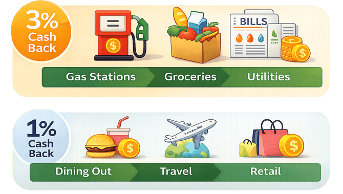 Graphic illustrating the Fortiva Mastercard cash back categories