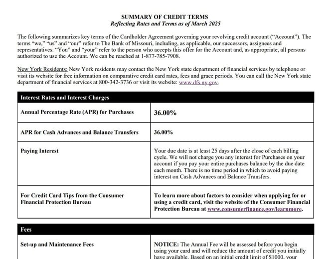 Screenshot of Summary of Credit Terms for the Fortiva Mastercard