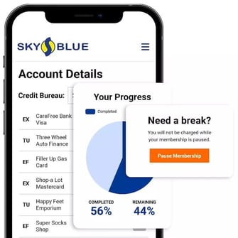 Screenshot of Sky Blue Credit Repair mobile dashboard