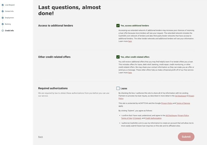 Screenshot of CashUSA loan request step 15 Screenshot of CashUSA loan request step 15