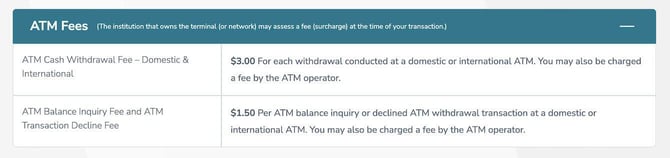 Screenshot of Flare Account ATM fee terms