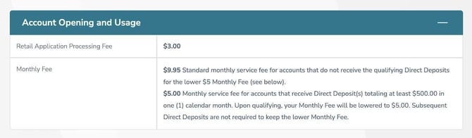 Screenshot of Flare Account monthly fee terms