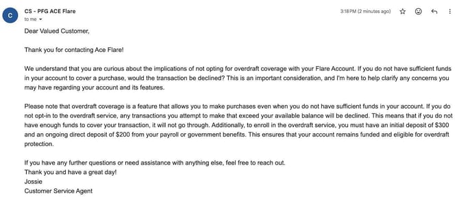 Screenshot of Flare Account customer service email reply
