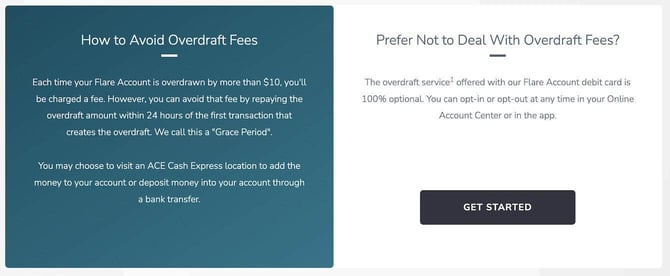Screenshot of Flare Account overdraft service information