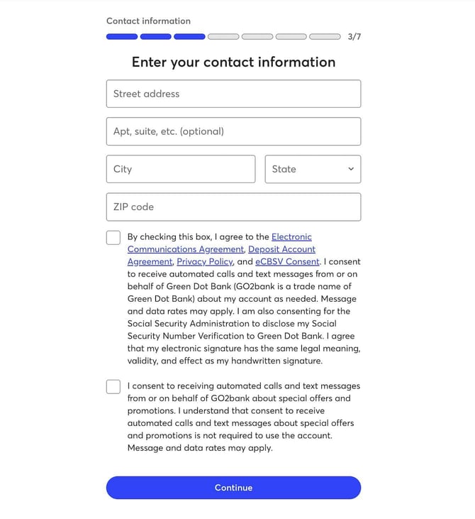 GO2bank application step 3