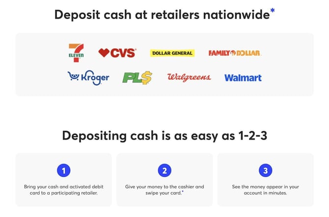 Screenshot of GO2bank retailer cash deposit details