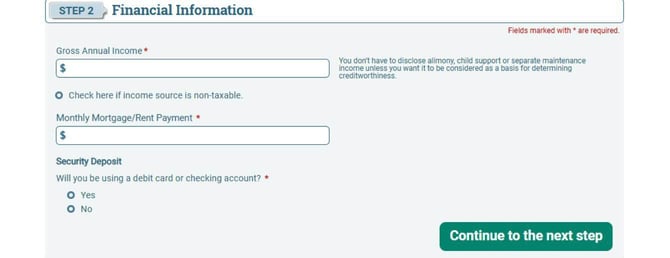 Screenshot of Merrick Bank Secured Credit Card application Step 3