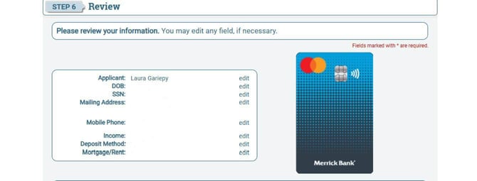 Screenshot of Merrick Bank Secured Credit Card application Step 7