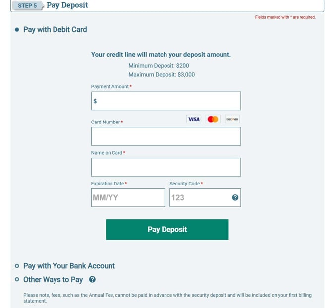 Screenshot of Merrick Bank Secured Credit Card application Step 6