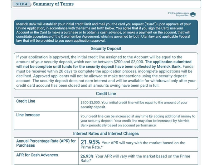 Screenshot of Merrick Bank Secured Credit Card application Step 5