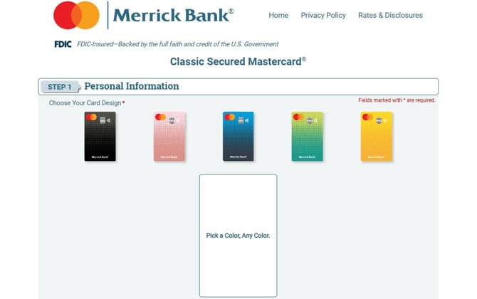 Screenshot of Merrick Bank Secured Credit Card application Step 1