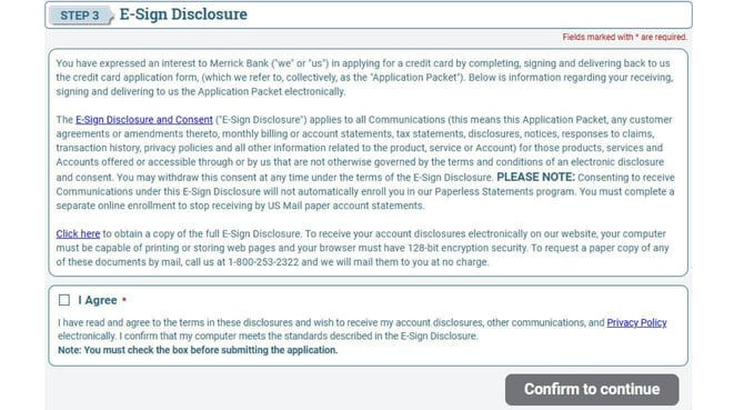 Screenshot of Merrick Bank Secured Credit Card application Step 4