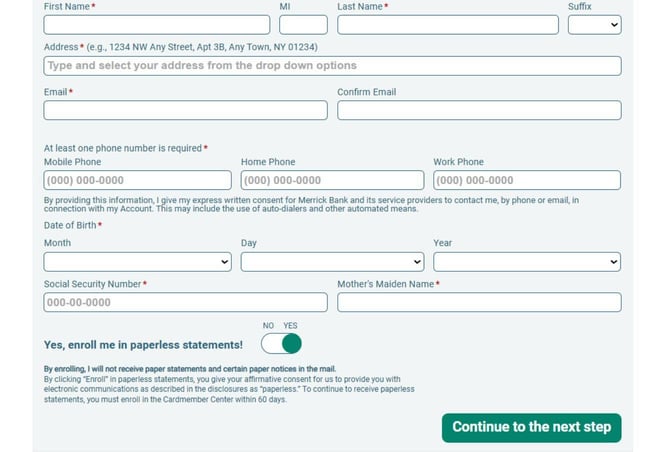 Screenshot of Merrick Bank Secured Credit Card application Step 2