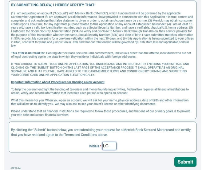 Screenshot of Merrick Bank Secured Credit Card application Step 8