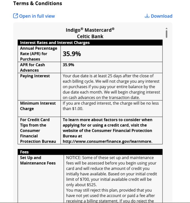 Screenshot of Indigo Mastercard Application Step 5