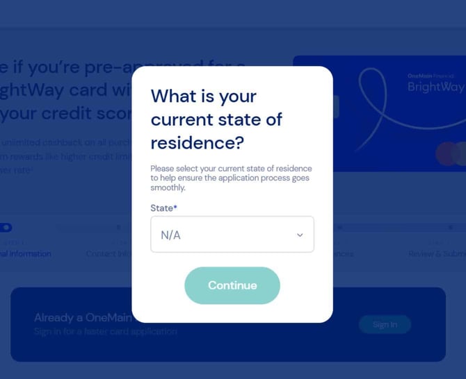 OneMain Financial Brightway Card application step 1