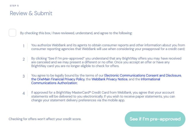 OneMain Financial Brightway Card application step 6
