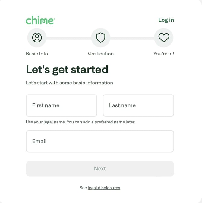 Screenshot of Chime Card enrollment step 1