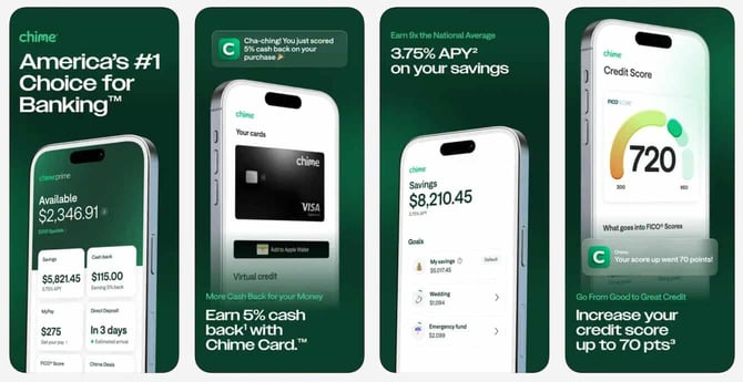 Screenshots of the Chime mobile app from the Apple app store