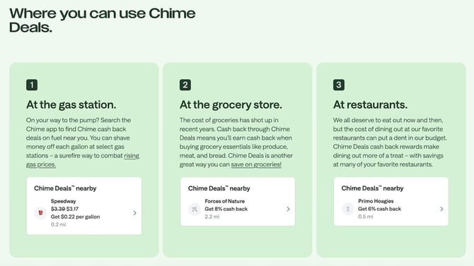 Screenshot of Chime Deals information