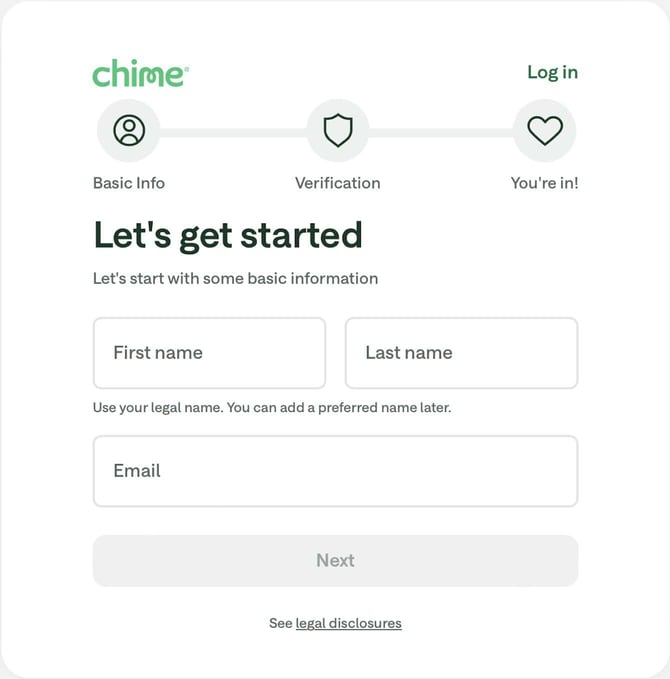 Screenshot of Chime Checking Account application step 1
