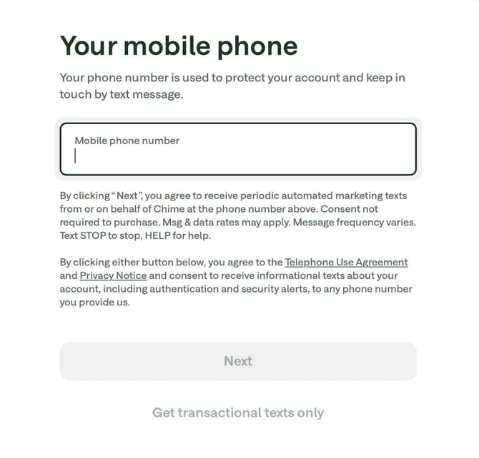 Screenshot of Chime Checking Account application step 3