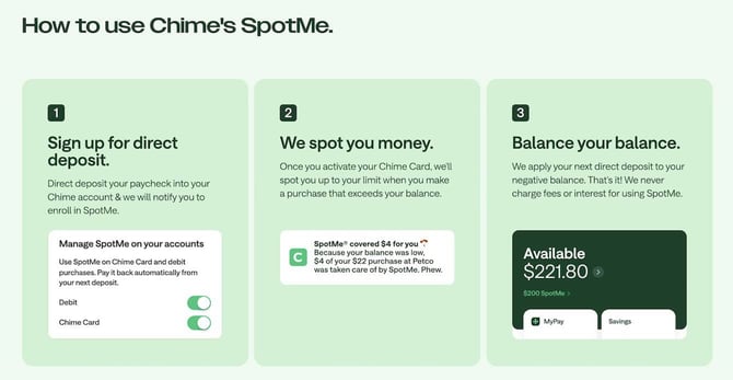 Screenshot of how to use Chime SpotMe feature